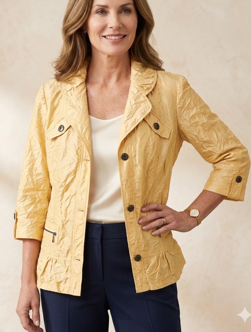 Chico's Textured Crinkled Blazer Gold Tan Button Up Size 3 (XL)